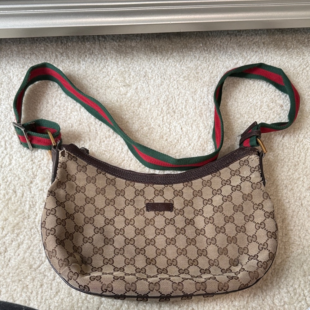 Gucci Brown Monogram Shoulder Bag with Green and Red Strap